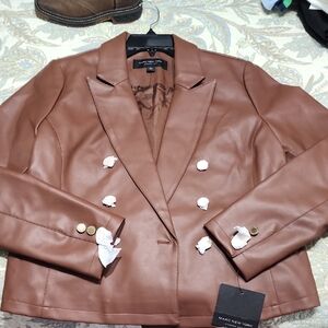 Marc New York Brown Faux Leather Double-Breasted Blazer Jacket
